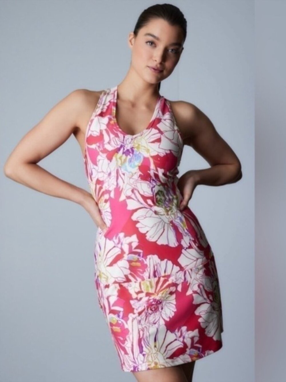 Josie Natori Women Floral Cutout Racerback Sleeveless Athletic Dress sz XL